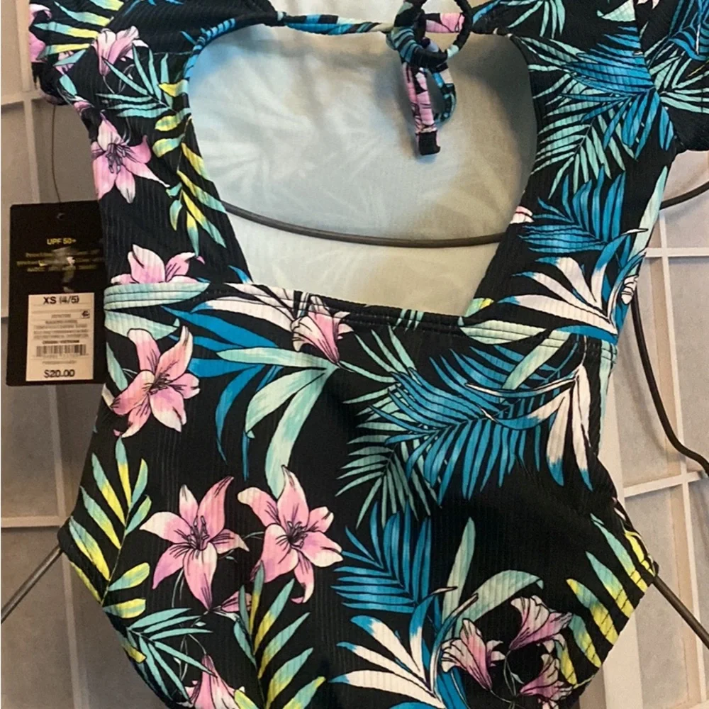 art class Black One-Piece Swimsuit with Blue Teal Pink Yellow Tropical Print